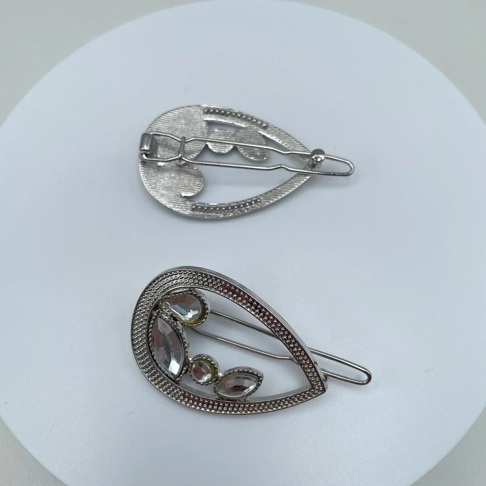 Vintage 80s Teardrop Hair Clips Set Gold & Silver Tone Rhinestone Bobby Pins Y2K